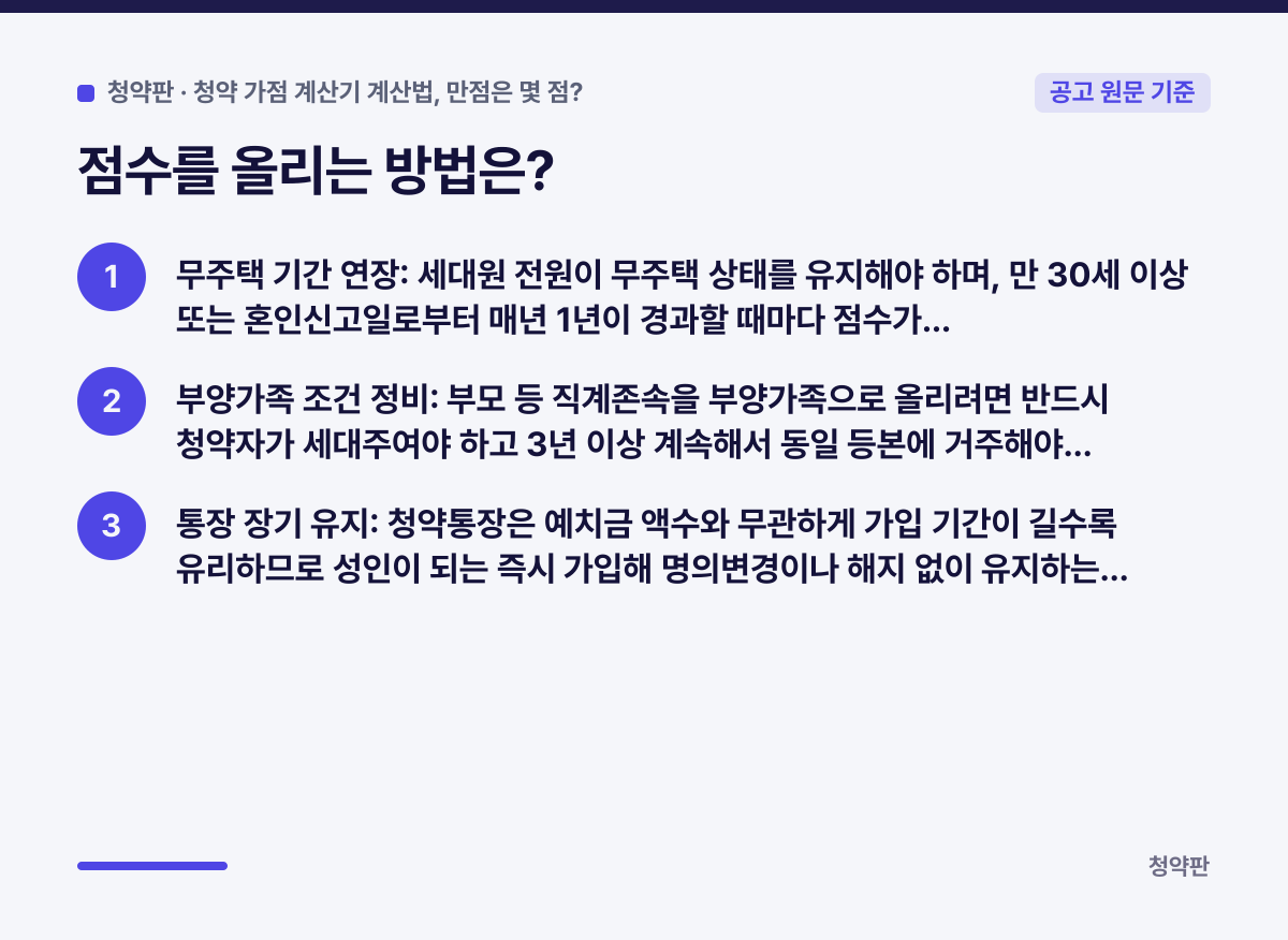 점수를 올리는 방법은? 요약 카드: 무주택 기간 연장: 세대원 전원이 무주택 상태를 유지해야 하며, 만 30세 이상 또는 혼인신고일로부터 매년 1년이 경과할 때마다 점수가…, 부양가족 조건 정비: 부모 등 직계존속을 부양가족으로 올리려면 반드시 청약자가 세대주여야 하고 3년 이상 계속해서 동일 등본에 거주해야…, 통장 장기 유지: 청약통장은 예치금 액수와